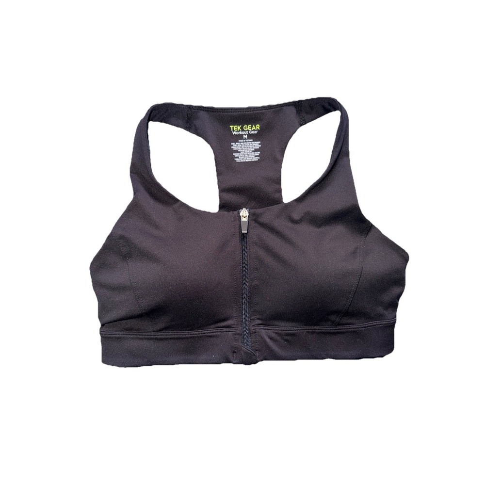 TEK GEAR  Womens Black Lined‎ Wireless Front Zip Racer Back Sports Bra Size M